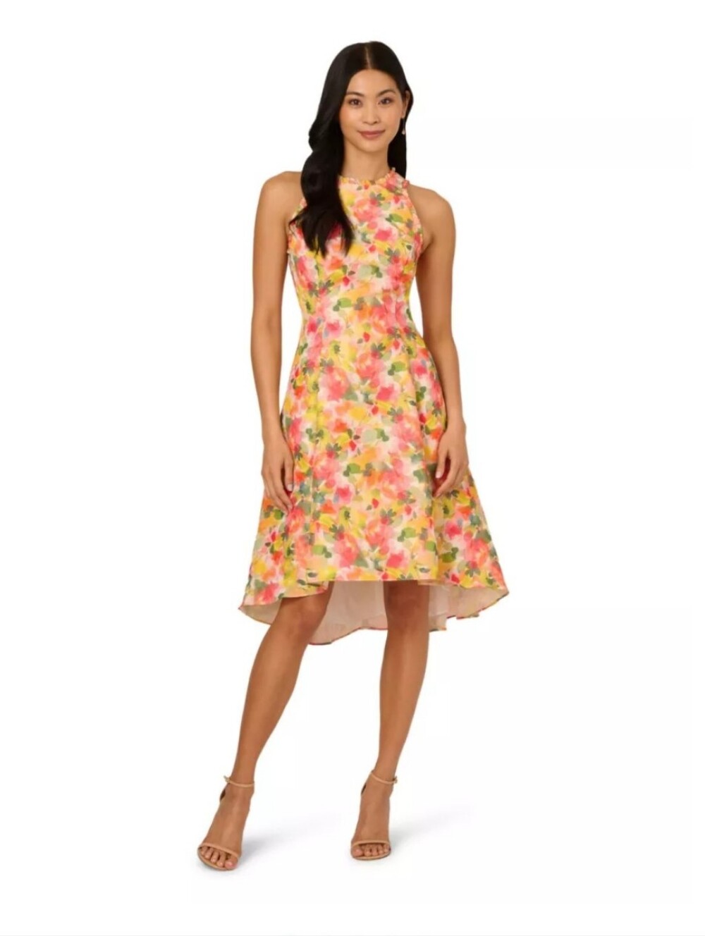 Adrianna Papell Ruffle Jacquard Dress-Floral Halter Fit & Flare  in Pink/ Yello